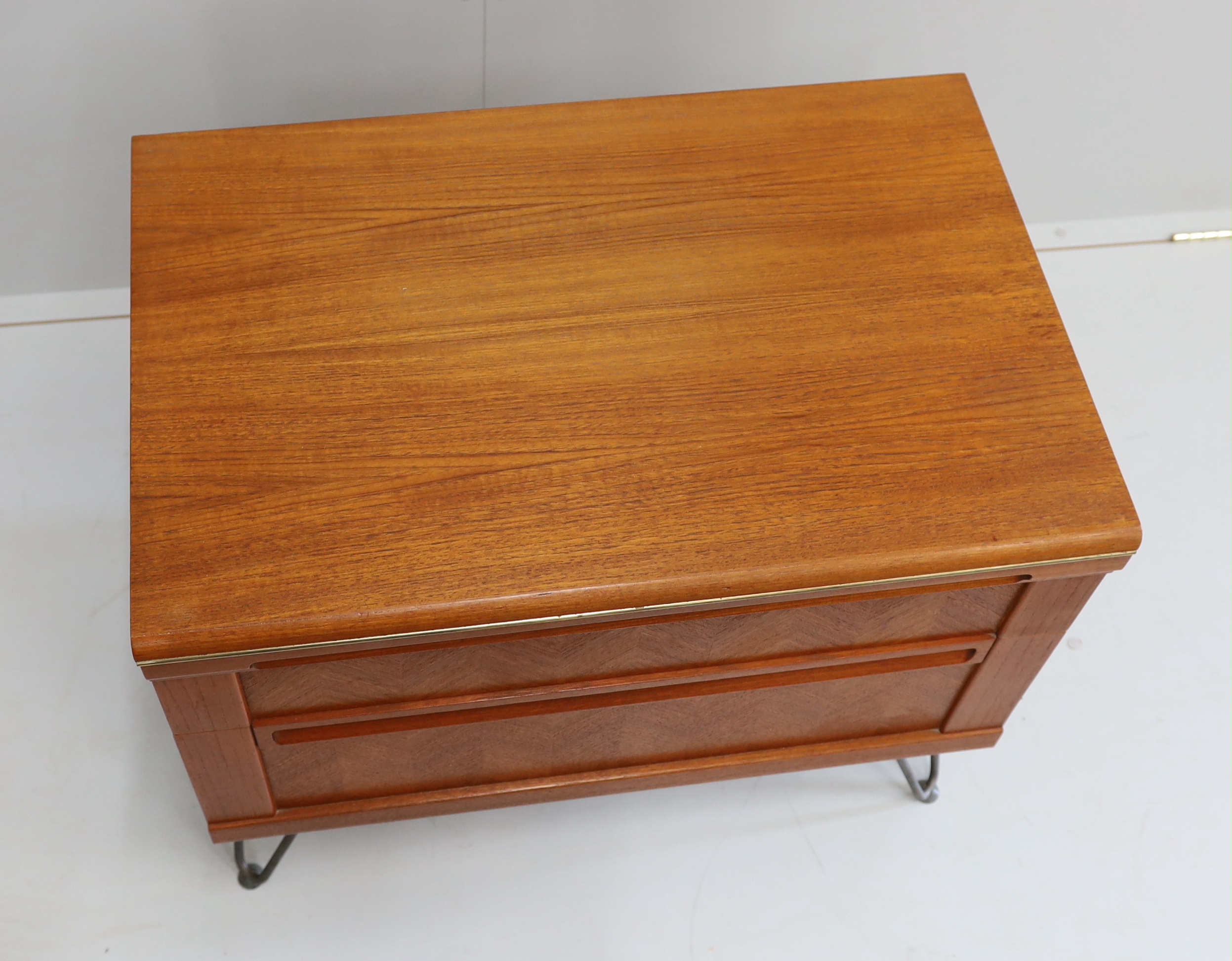 A G Plan “Herringbone” teak two drawer chest on hair pin legs, width 76cm, depth 50cm, height 65cm